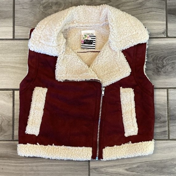 Cat & Jack Jackets & Blazers - Burgundy Vest with White Sherpa Trim